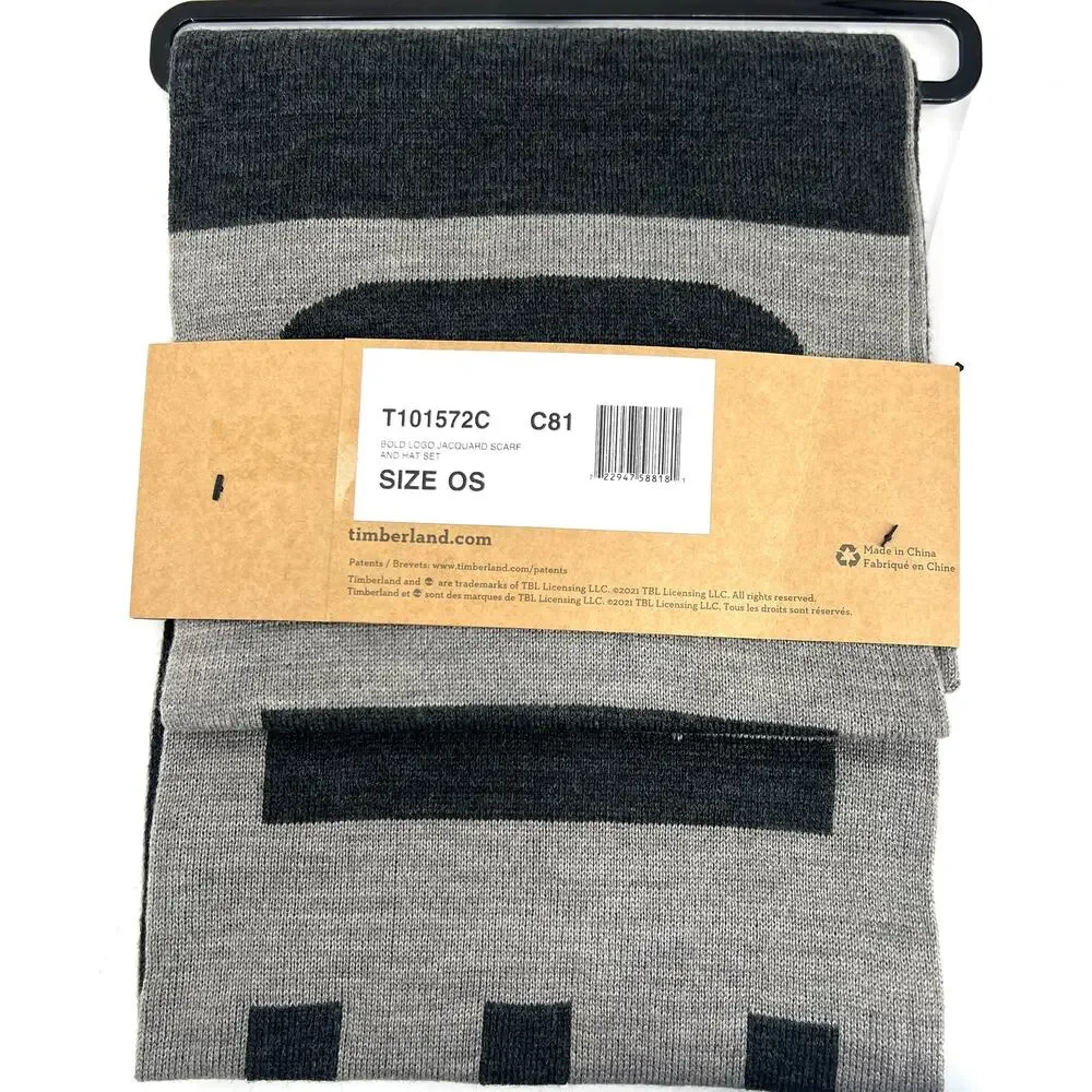 Timberland Reversible Jacquard Hat and Scarf Set in Two Tone Gray NEW